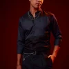Blue Patch Work Embellished Mandarin Collar Shirt