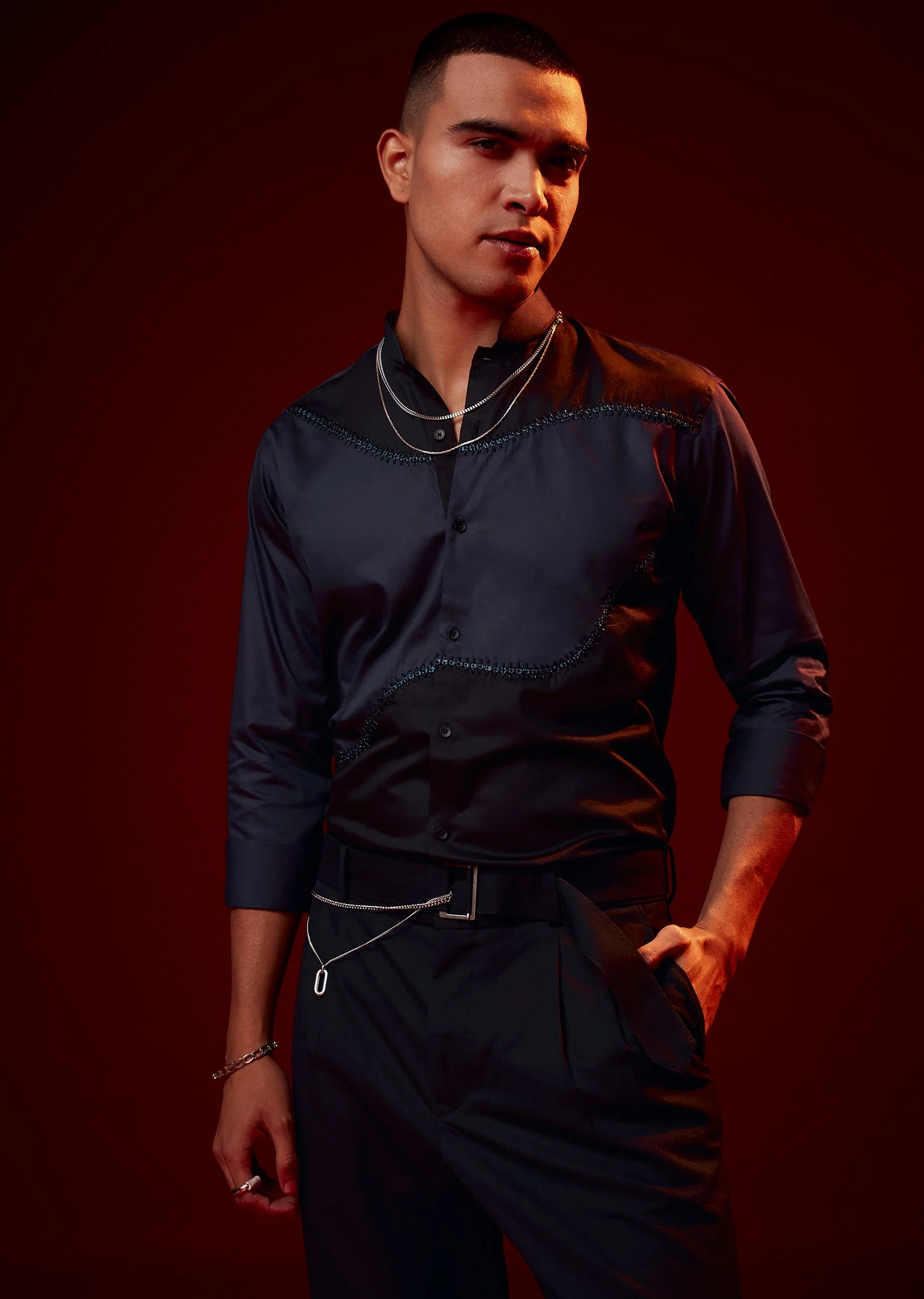 Blue Patch Work Embellished Mandarin Collar Shirt