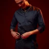Blue Patch Work Embellished Mandarin Collar Shirt