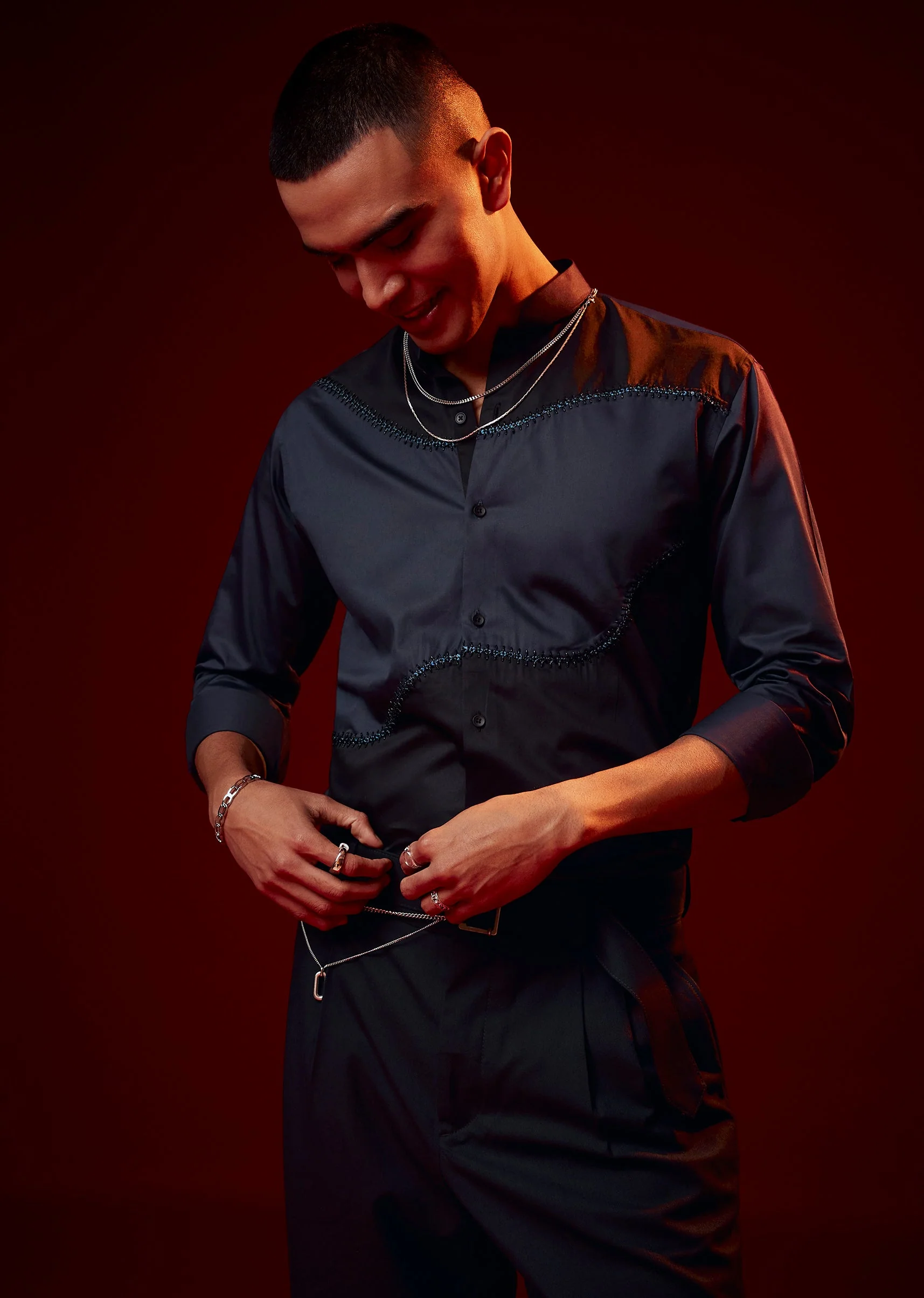 Blue Patch Work Embellished Mandarin Collar Shirt