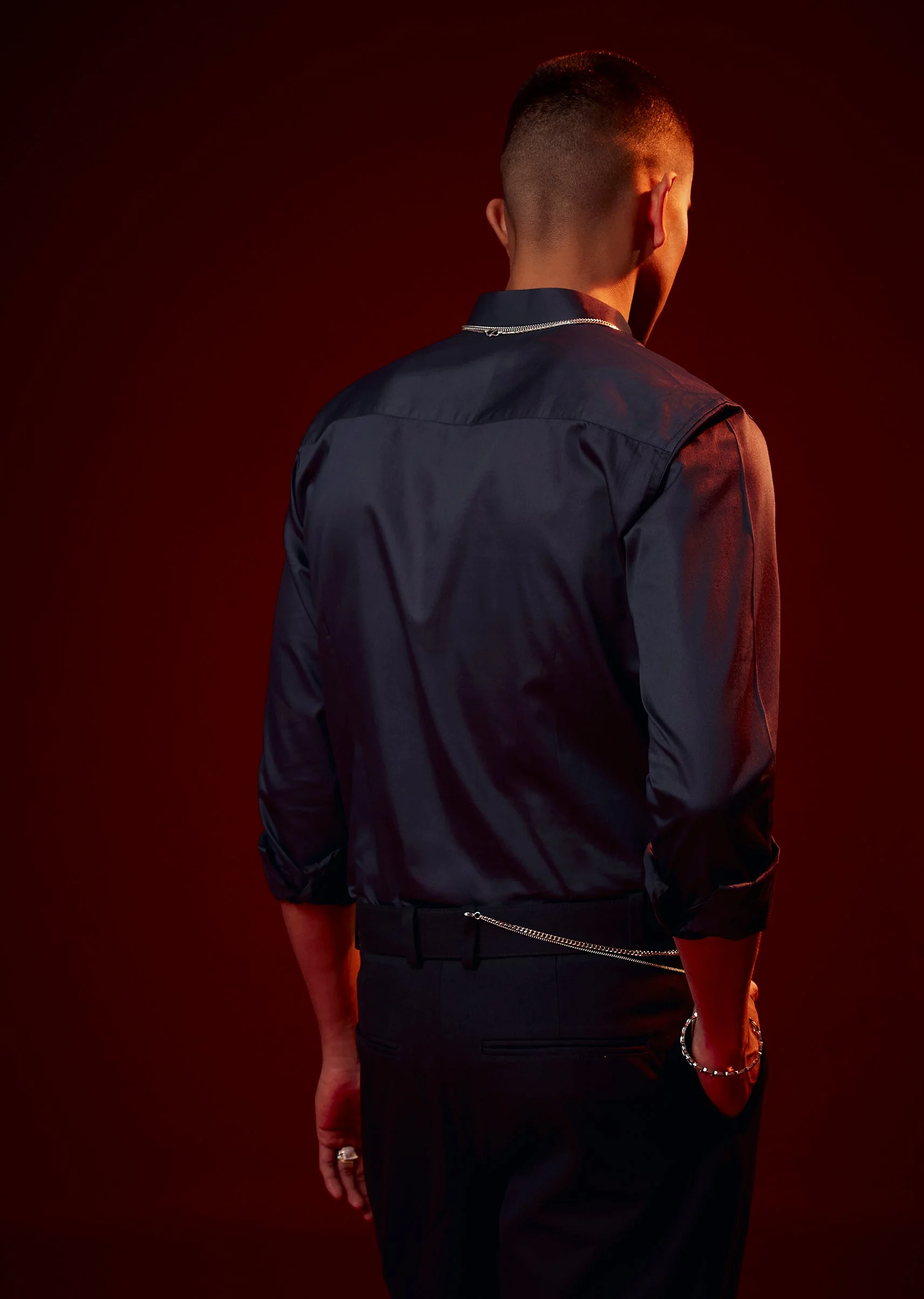 Blue Patch Work Embellished Mandarin Collar Shirt