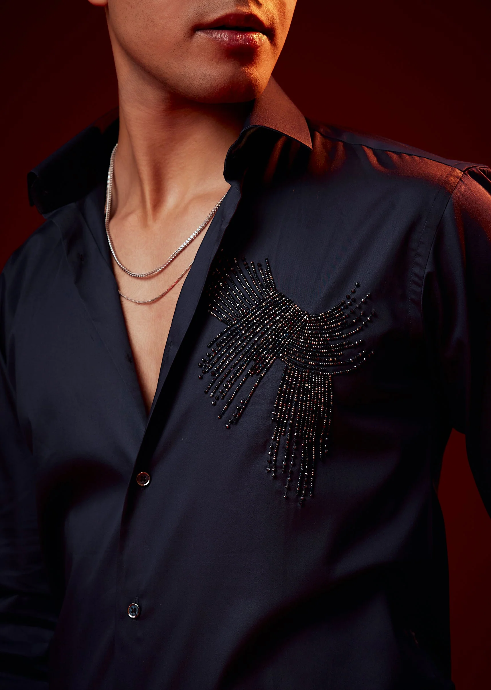 Blue Bead Embroidered Silk Blend Shirt