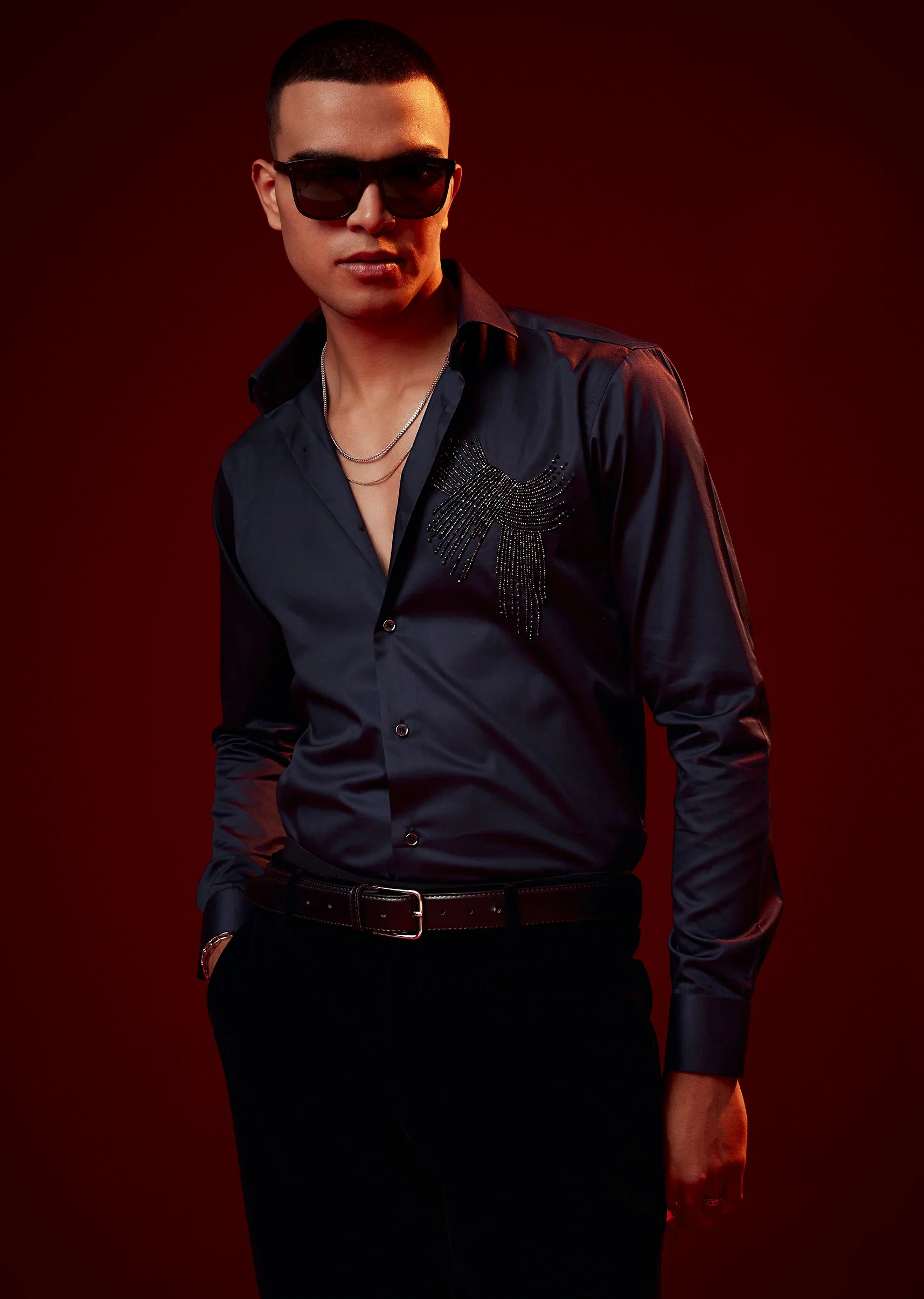 Blue Bead Embroidered Silk Blend Shirt