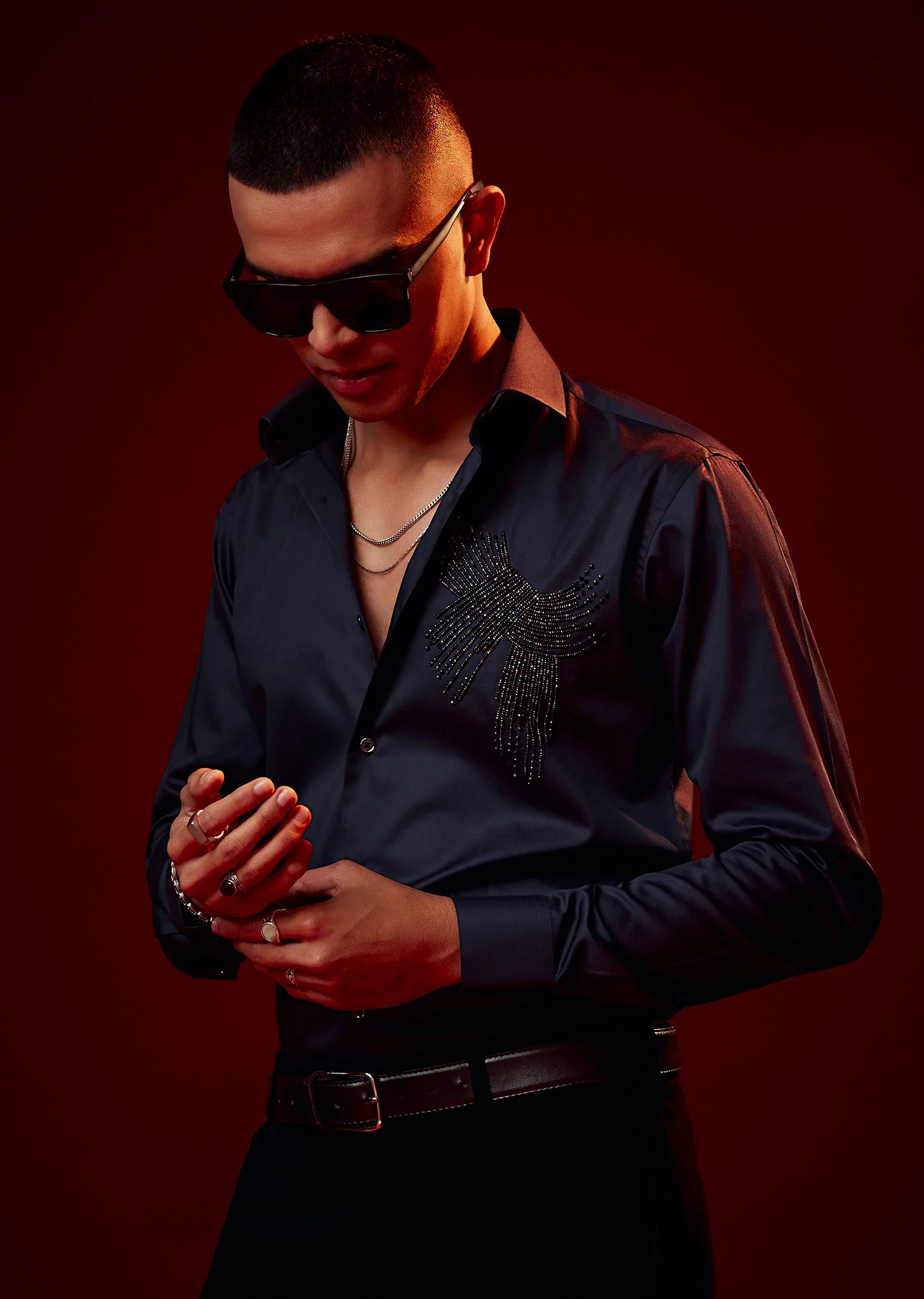 Blue Bead Embroidered Silk Blend Shirt
