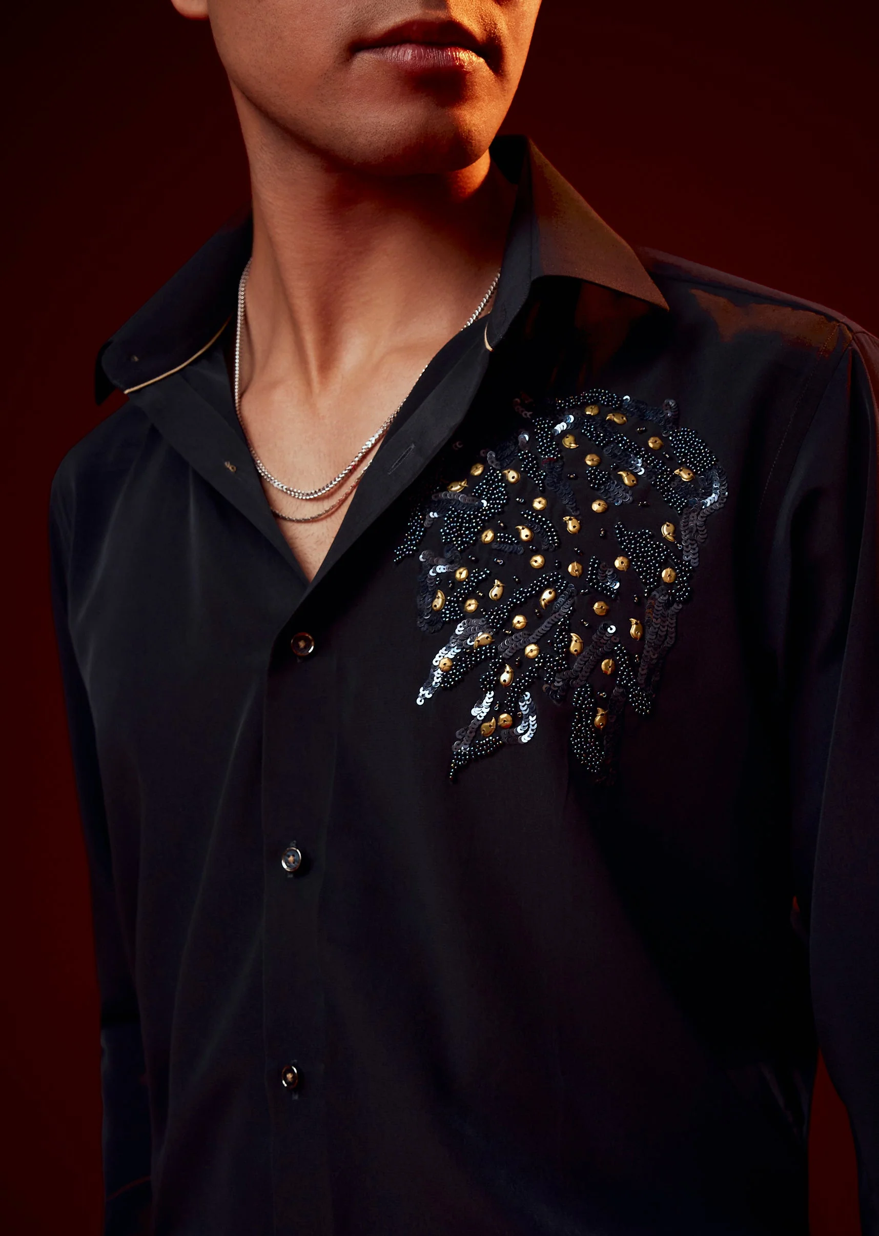 Navy Blue Embellished Polyester Party Shirt