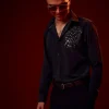 Navy Blue Embellished Polyester Party Shirt