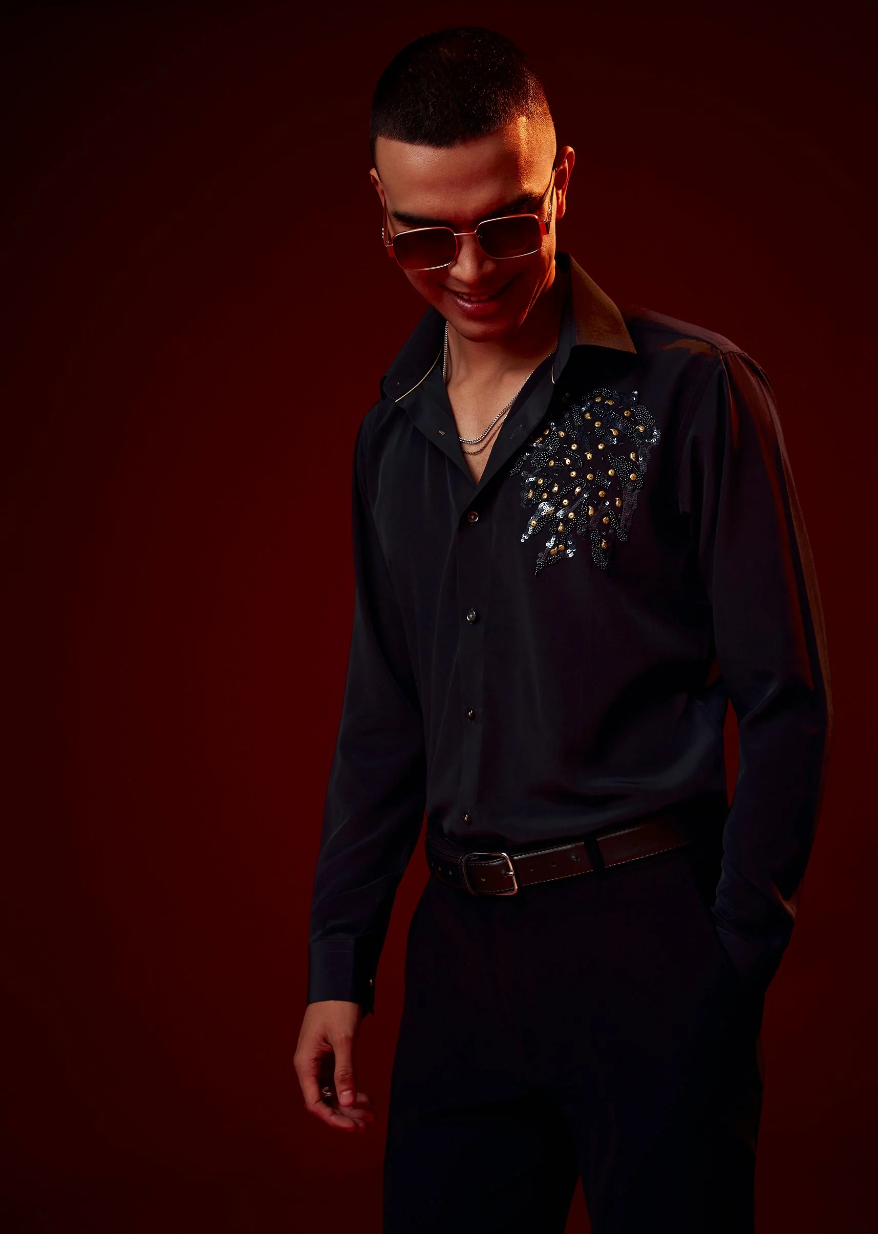 Navy Blue Embellished Polyester Party Shirt