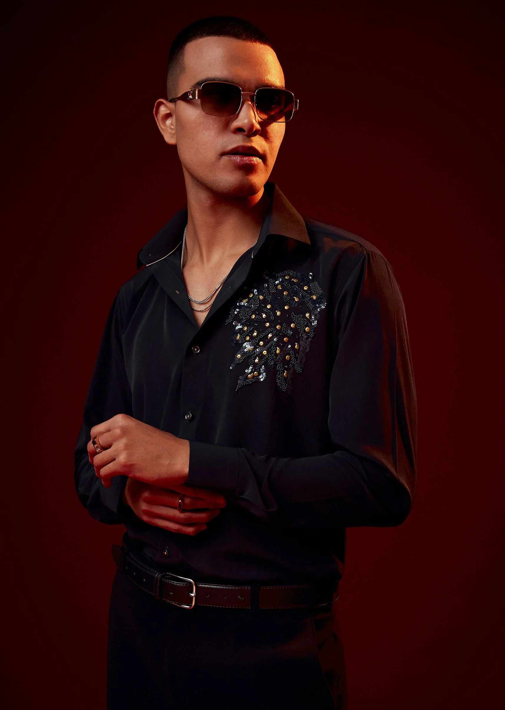 Navy Blue Embellished Polyester Party Shirt