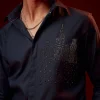 Navy Blue Embellished Mandarin Collar Shirt