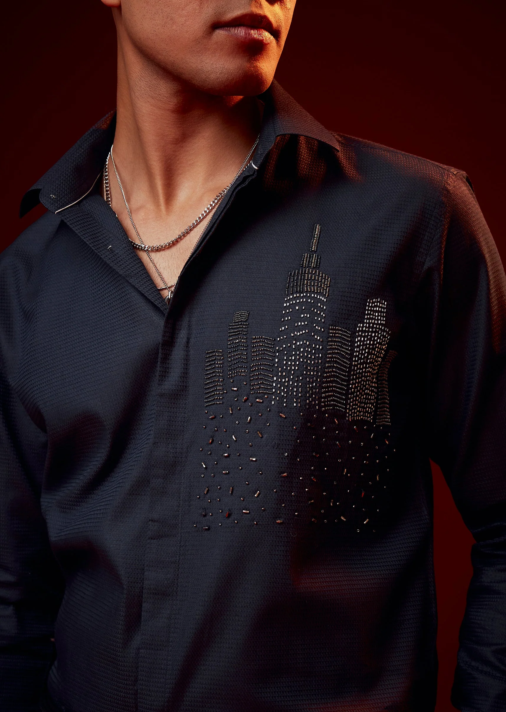 Navy Blue Embellished Mandarin Collar Shirt