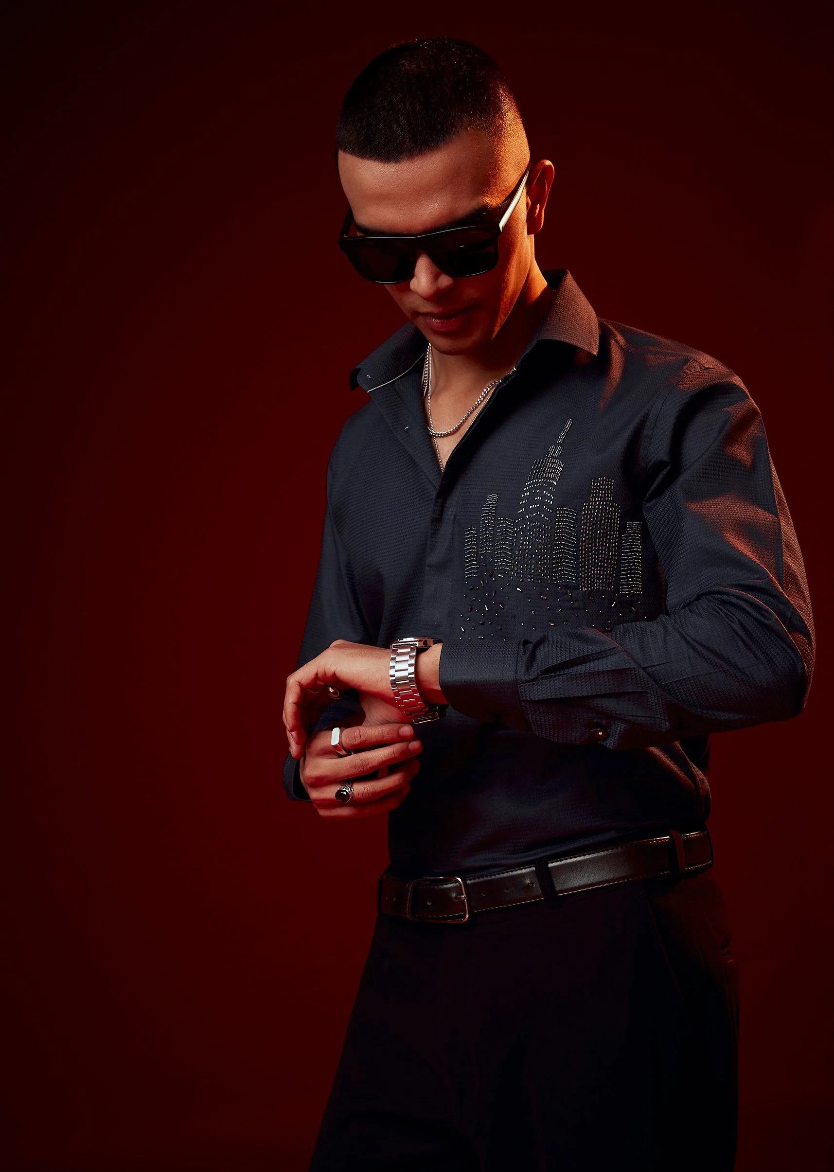 Navy Blue Embellished Mandarin Collar Shirt