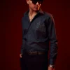 Navy Blue Embellished Mandarin Collar Shirt