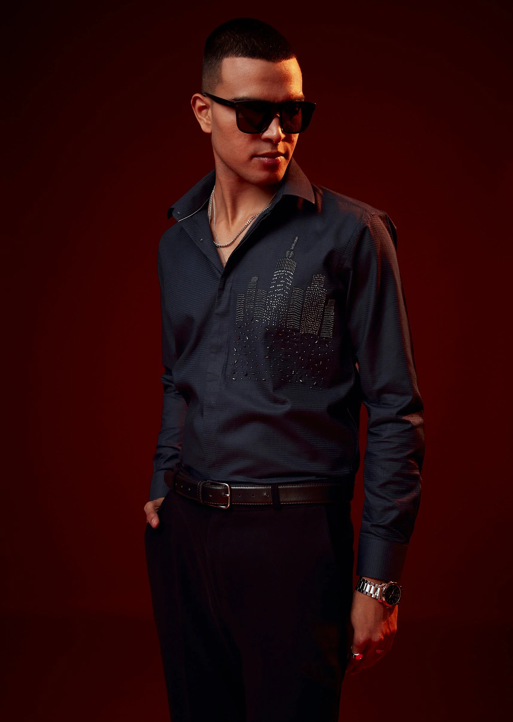 Navy Blue Embellished Mandarin Collar Shirt