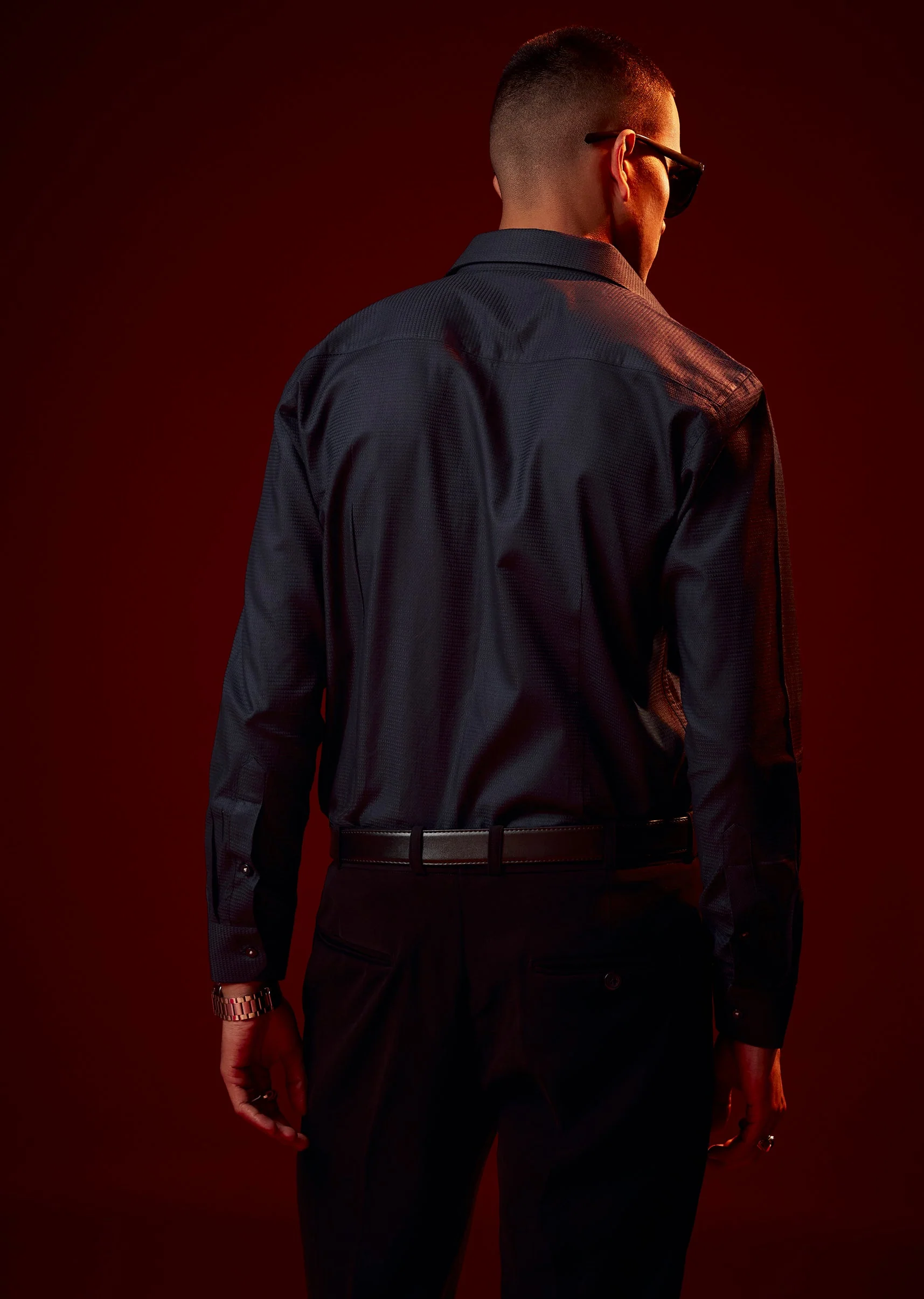 Navy Blue Embellished Mandarin Collar Shirt