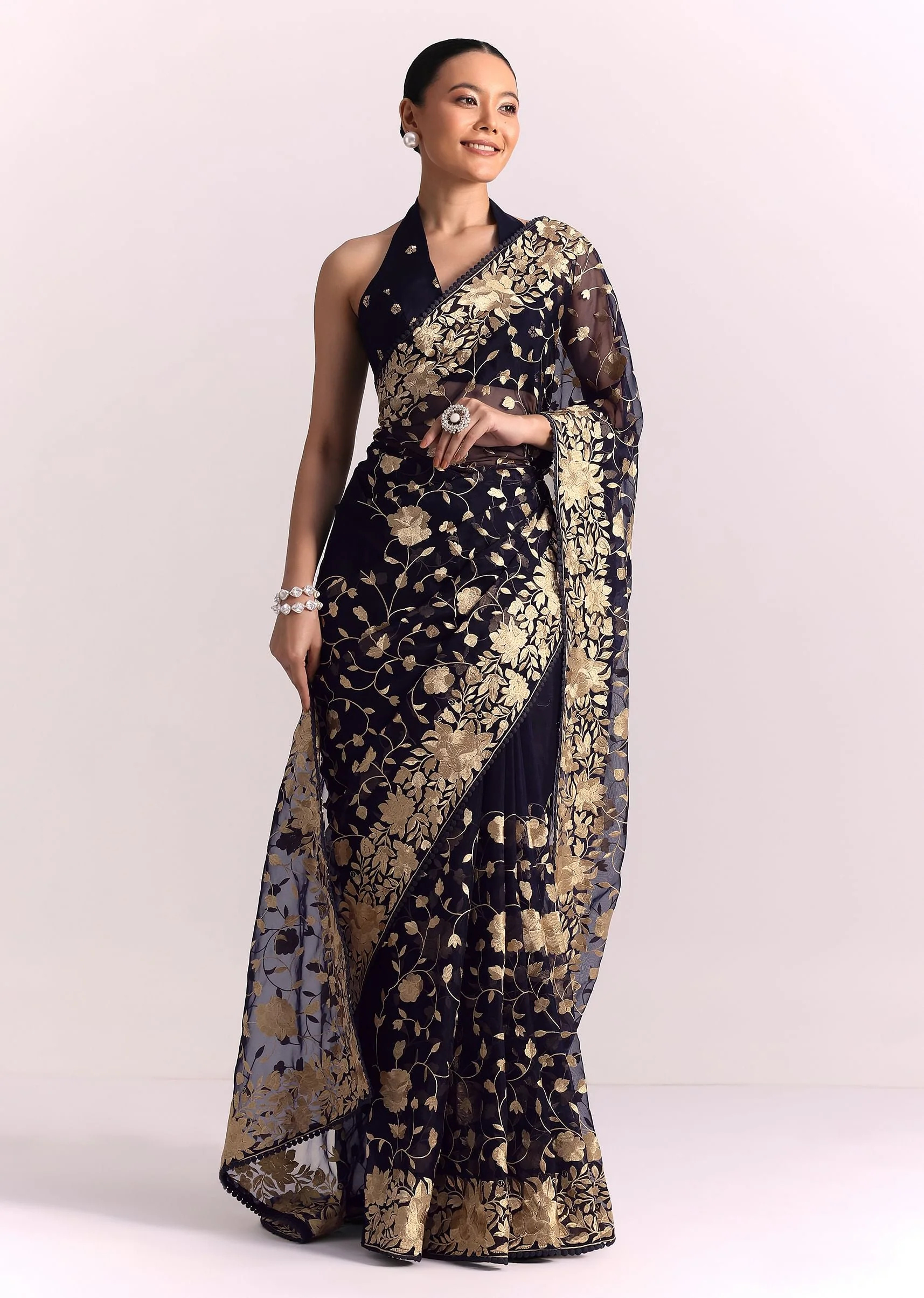 Blue Organza Parsi Gara Embroidered Saree