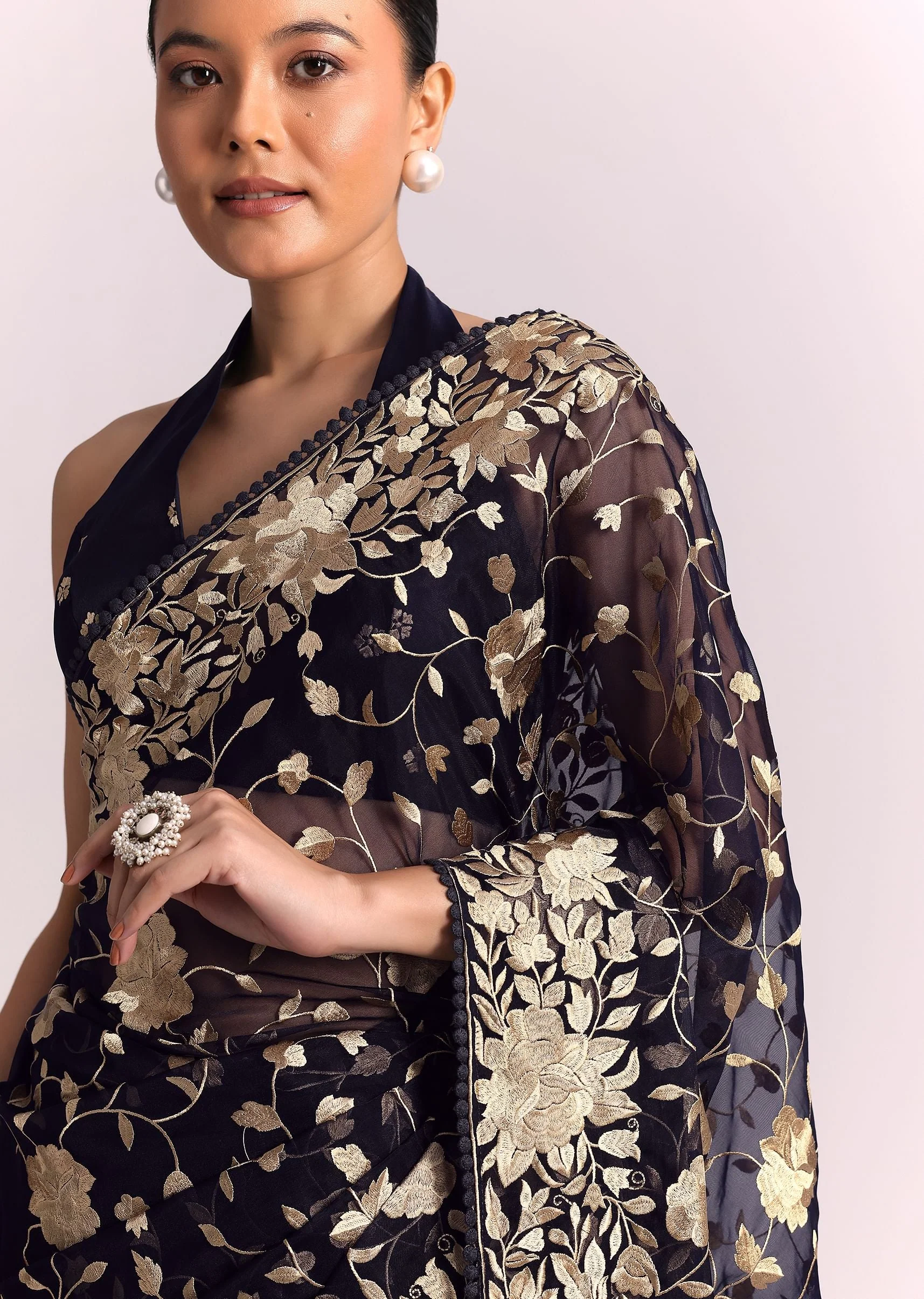 Blue Organza Parsi Gara Embroidered Saree