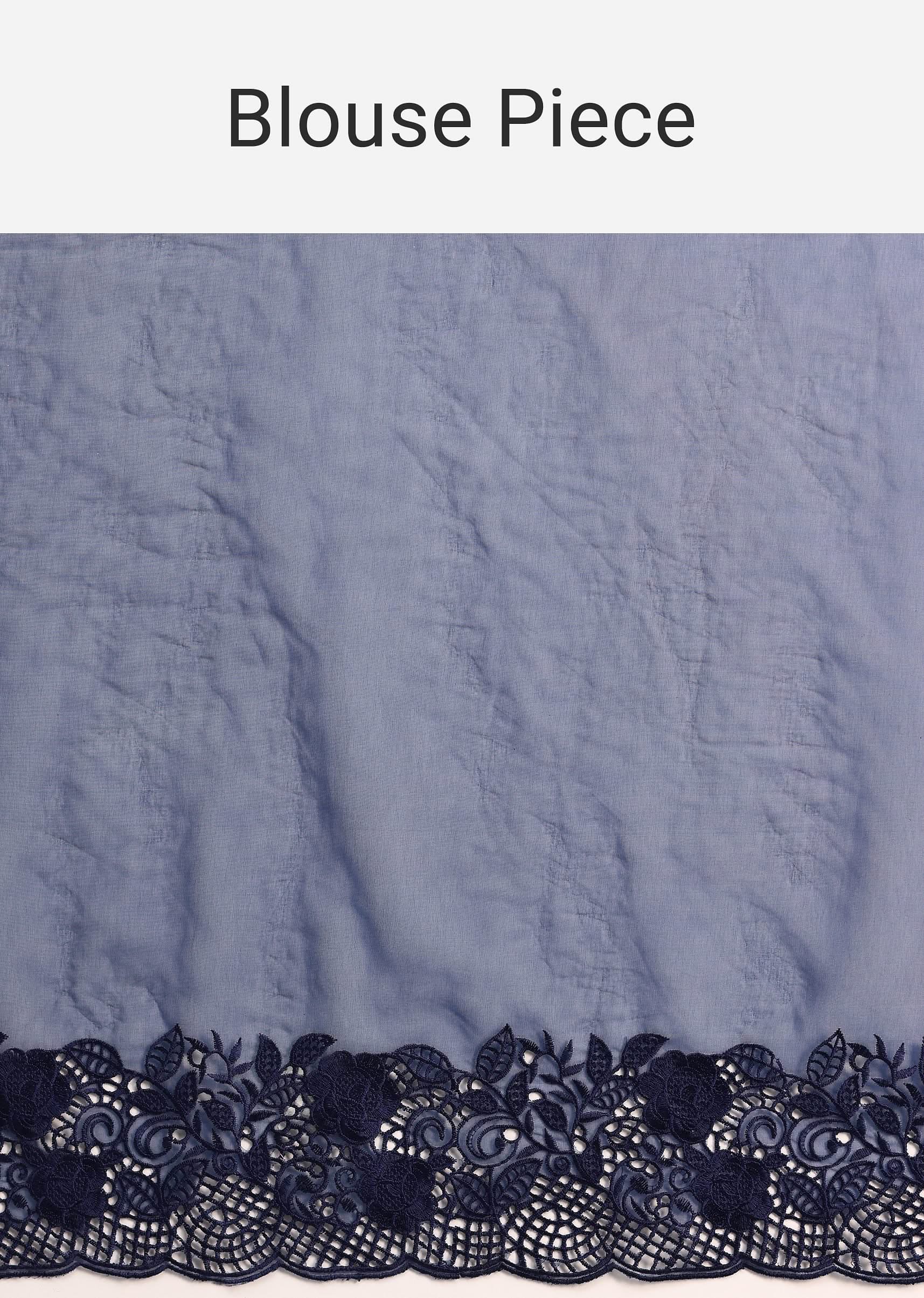Dark Blue Organza Embroidered Saree With Unstitched Blouse