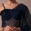 Dark Blue Organza Embroidered Saree With Unstitched Blouse