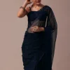 Dark Blue Organza Embroidered Saree With Unstitched Blouse