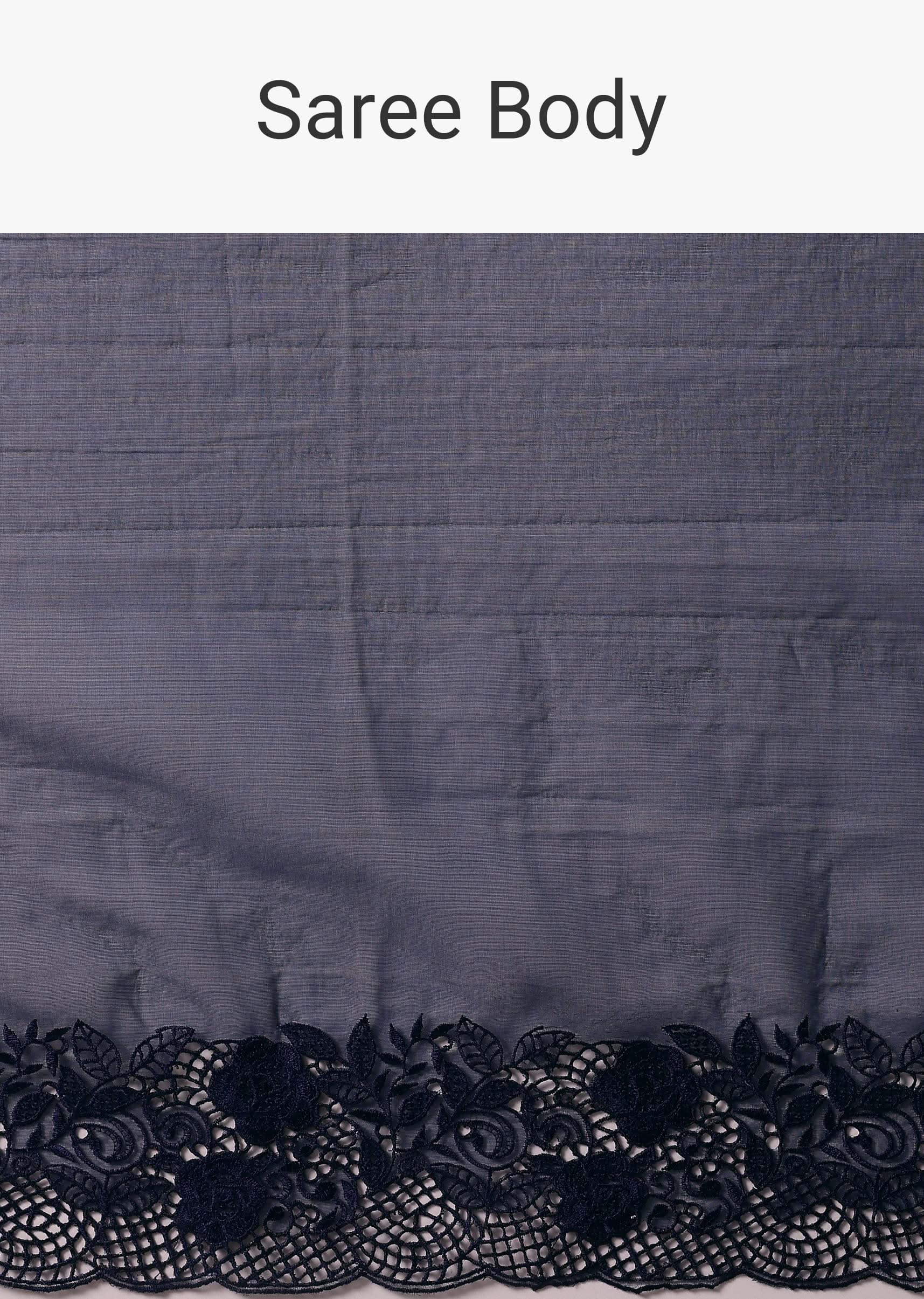 Dark Blue Organza Embroidered Saree With Unstitched Blouse