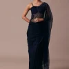 Dark Blue Organza Embroidered Saree With Unstitched Blouse