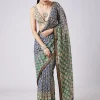 Blue Printed Tassel Border Saree with Unstitched Blouse