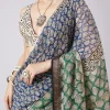 Blue Printed Tassel Border Saree with Unstitched Blouse