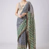 Blue Printed Tassel Border Saree with Unstitched Blouse