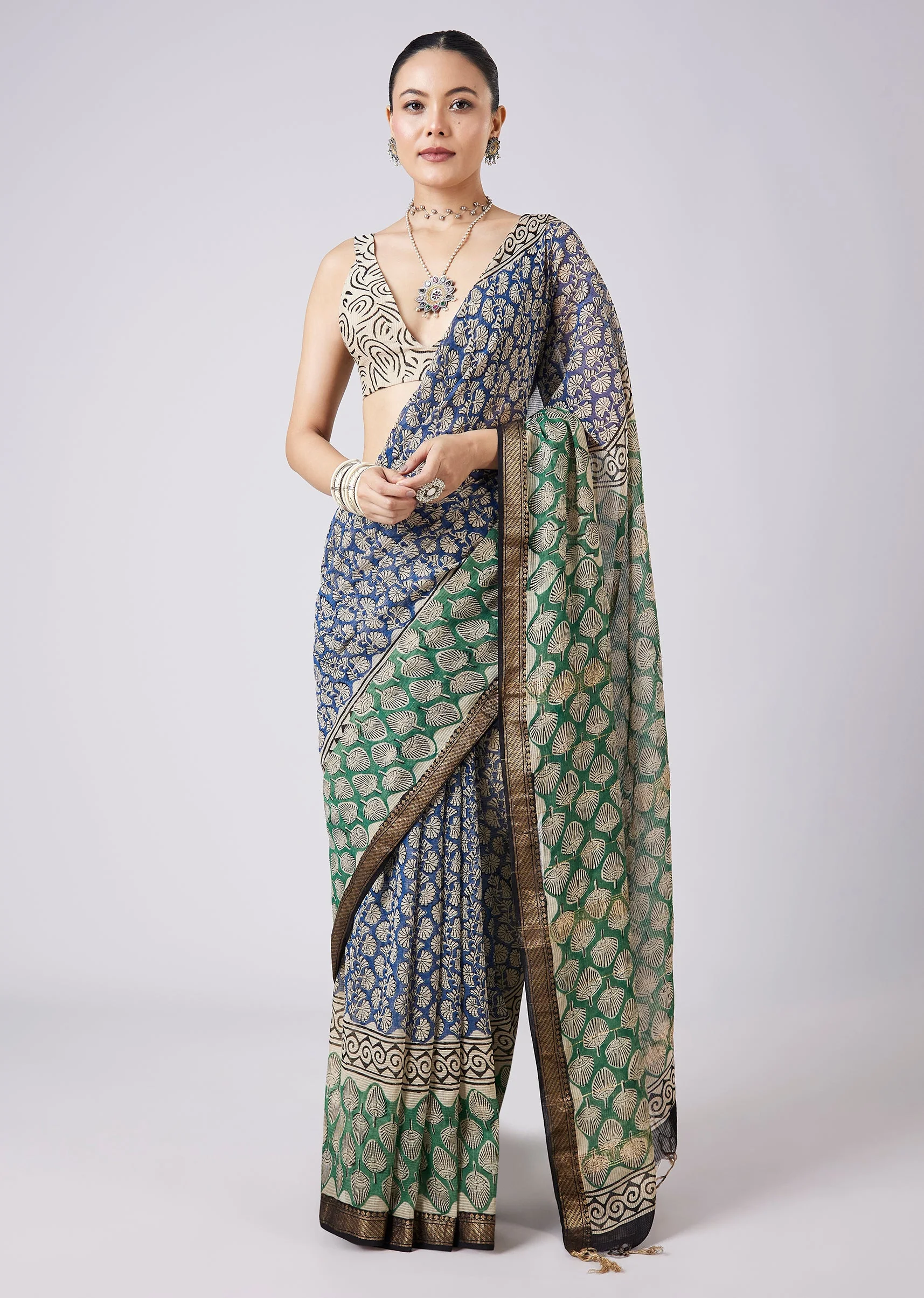 Blue Printed Tassel Border Saree with Unstitched Blouse