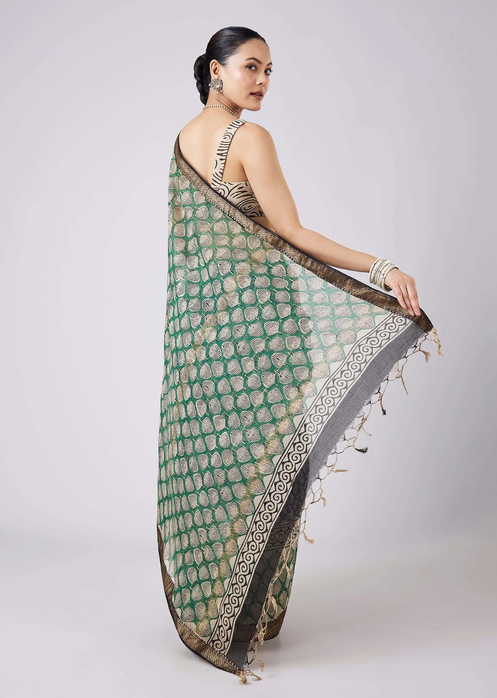 Blue Printed Tassel Border Saree with Unstitched Blouse