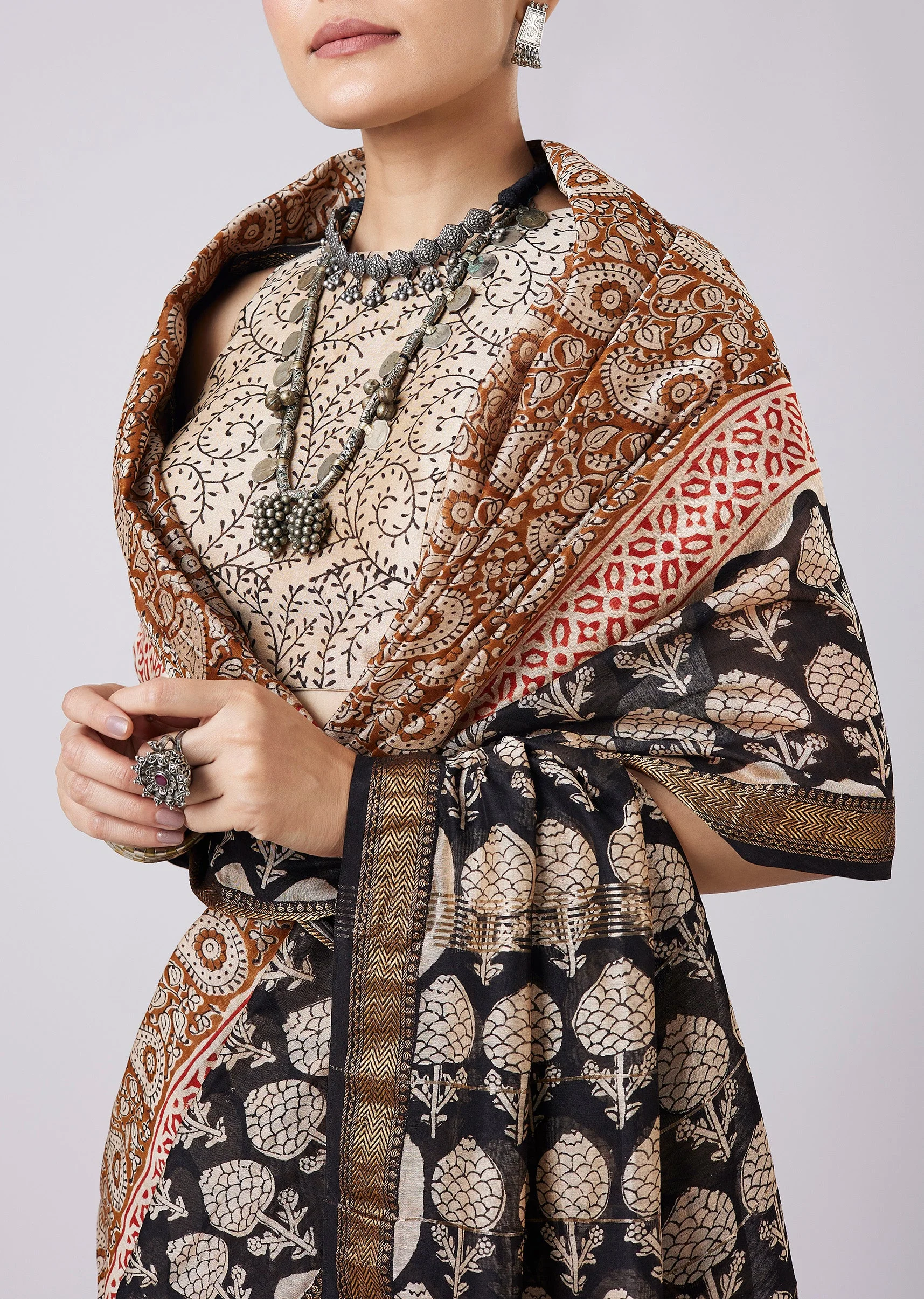 Blue Saree with Block Prints and Unstitched Blouse