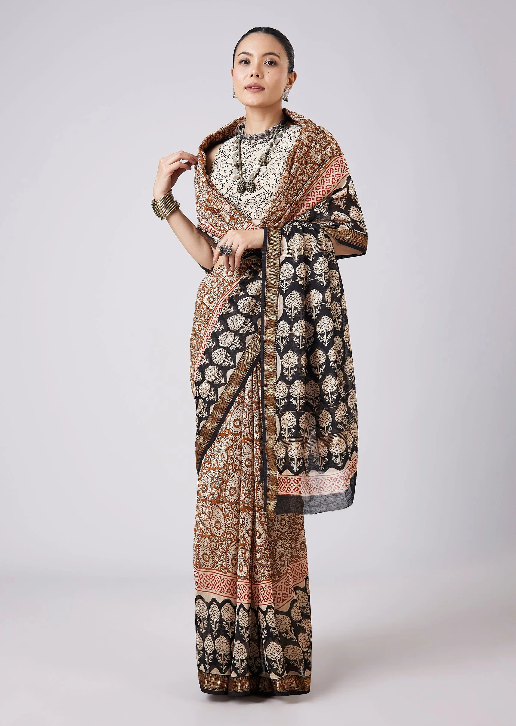 Blue Saree with Block Prints and Unstitched Blouse