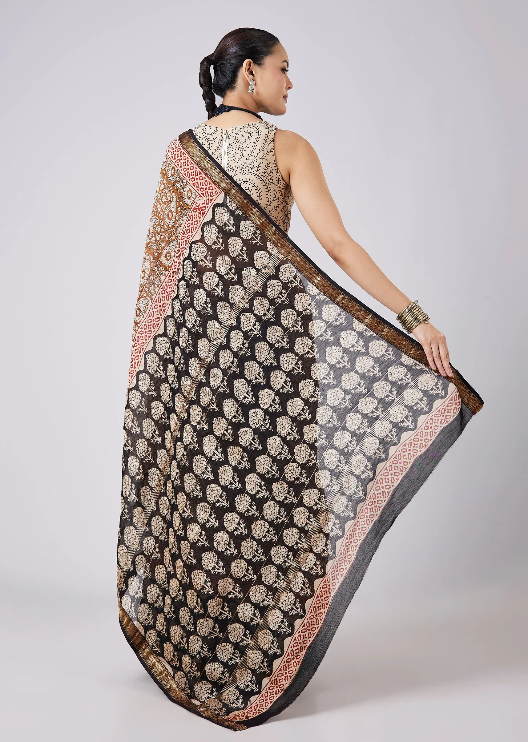 Blue Saree with Block Prints and Unstitched Blouse
