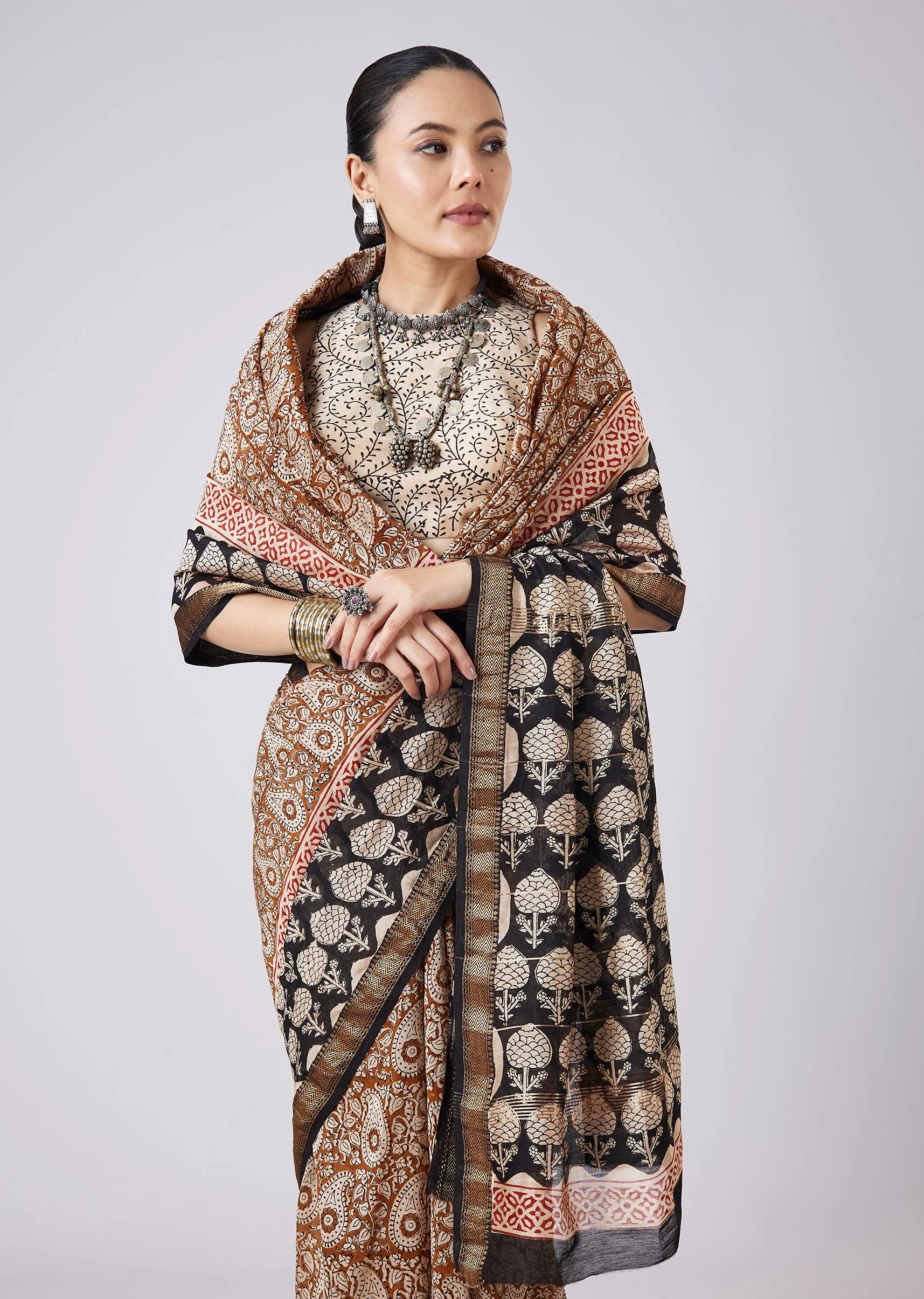 Blue Saree with Block Prints and Unstitched Blouse