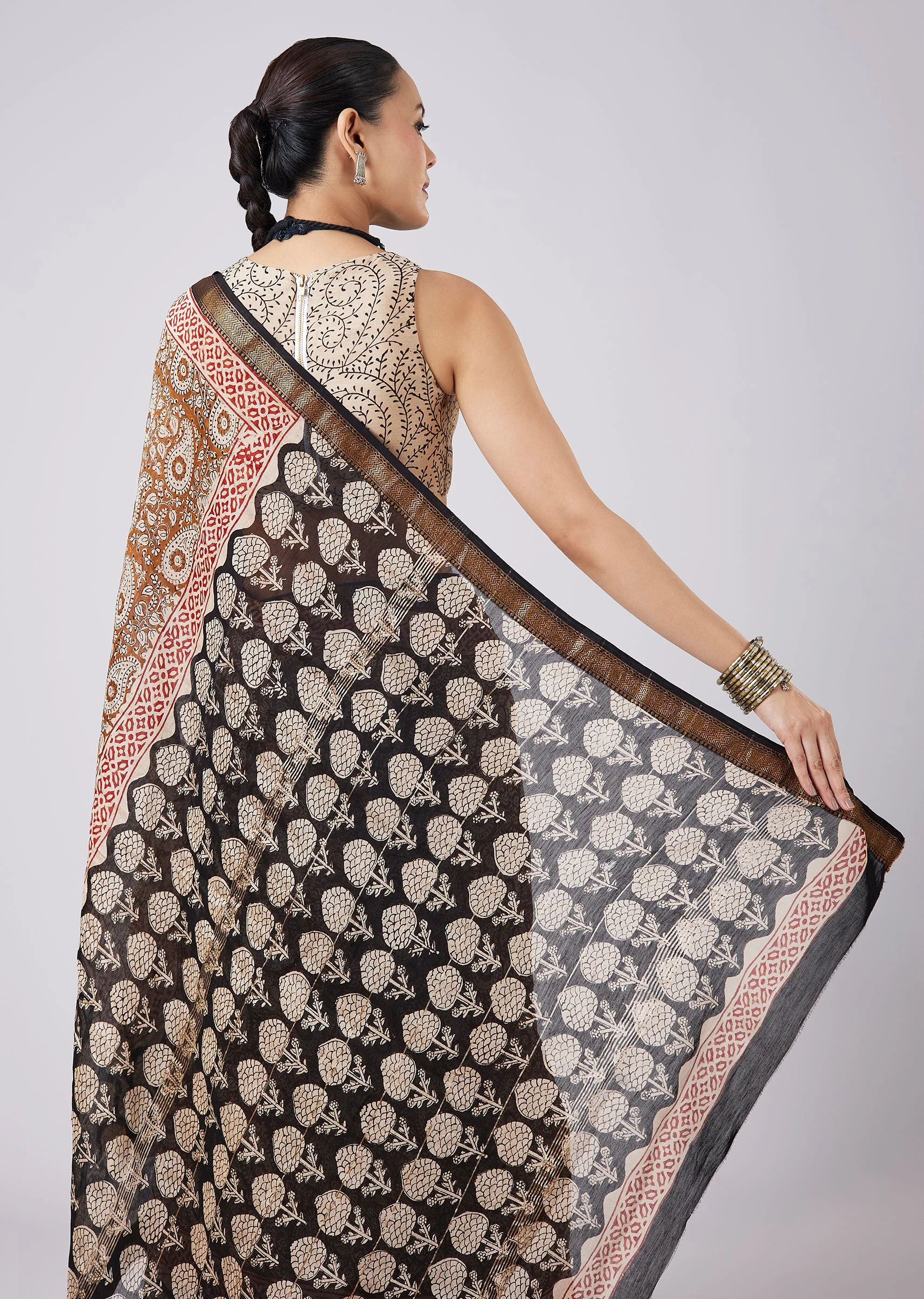 Blue Saree with Block Prints and Unstitched Blouse
