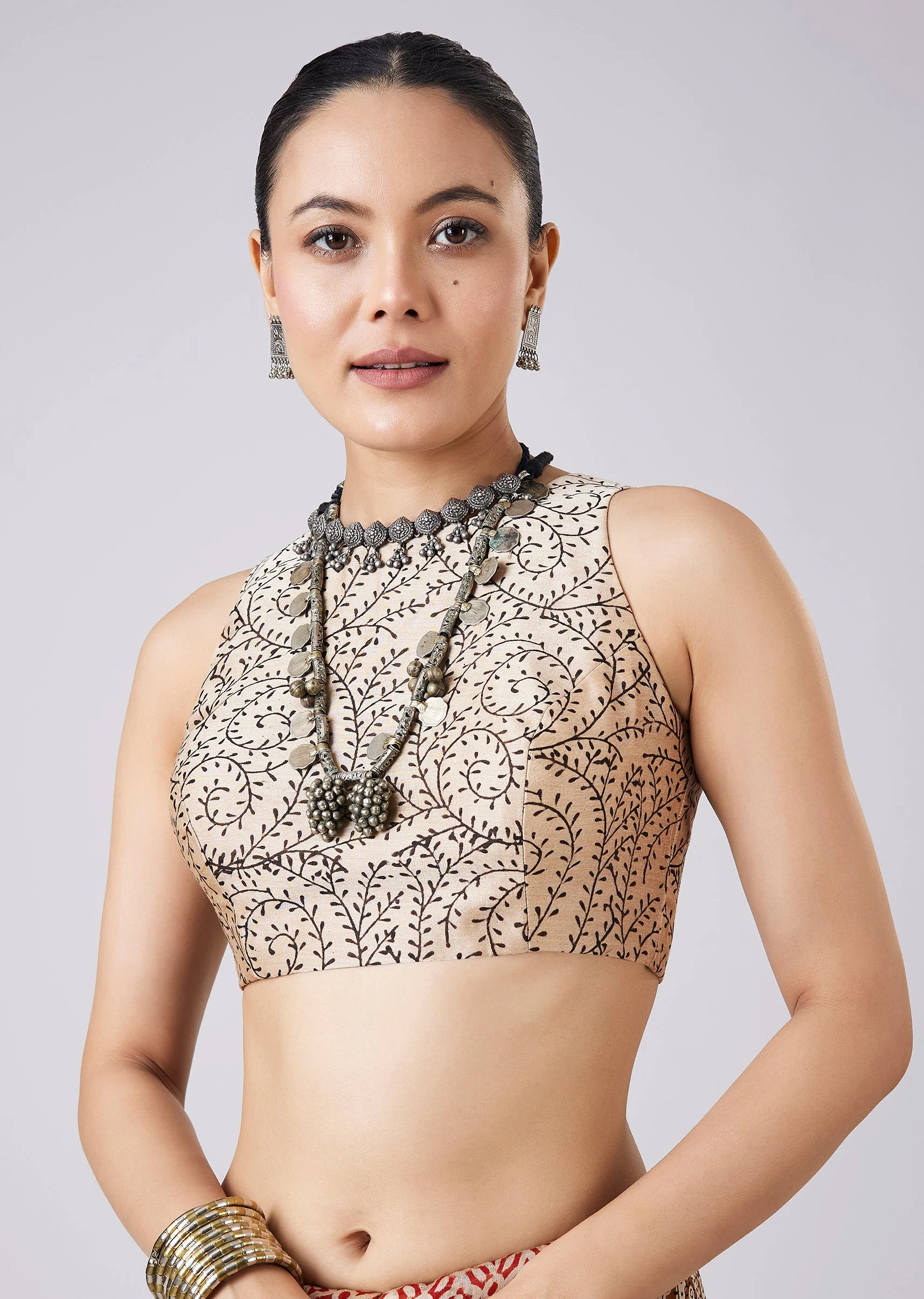 Blue Saree with Block Prints and Unstitched Blouse