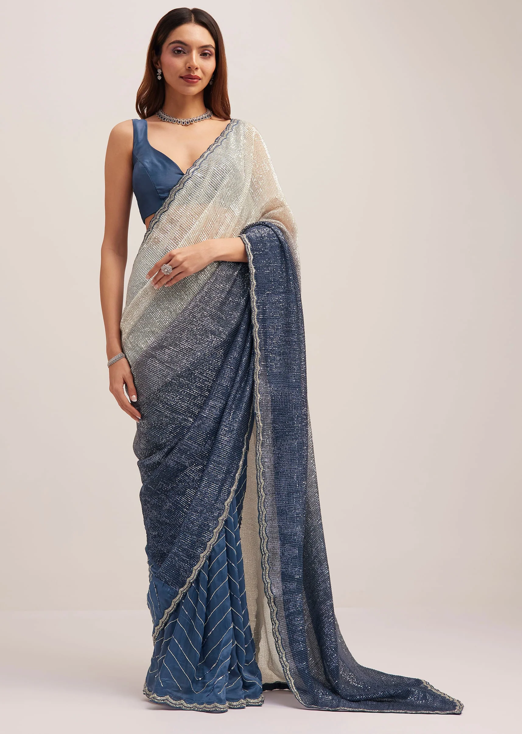 Navy Blue Dual Shaded Sequins Saree With Scalloped Border
