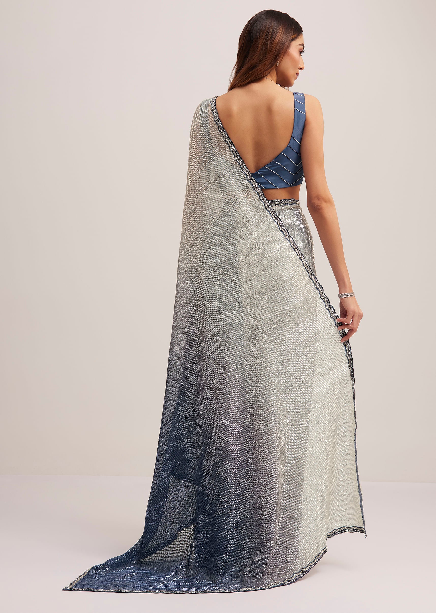 Navy Blue Dual Shaded Sequins Saree With Scalloped Border