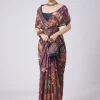 Blue Block Printed Motif Saree with Unstitched Blouse