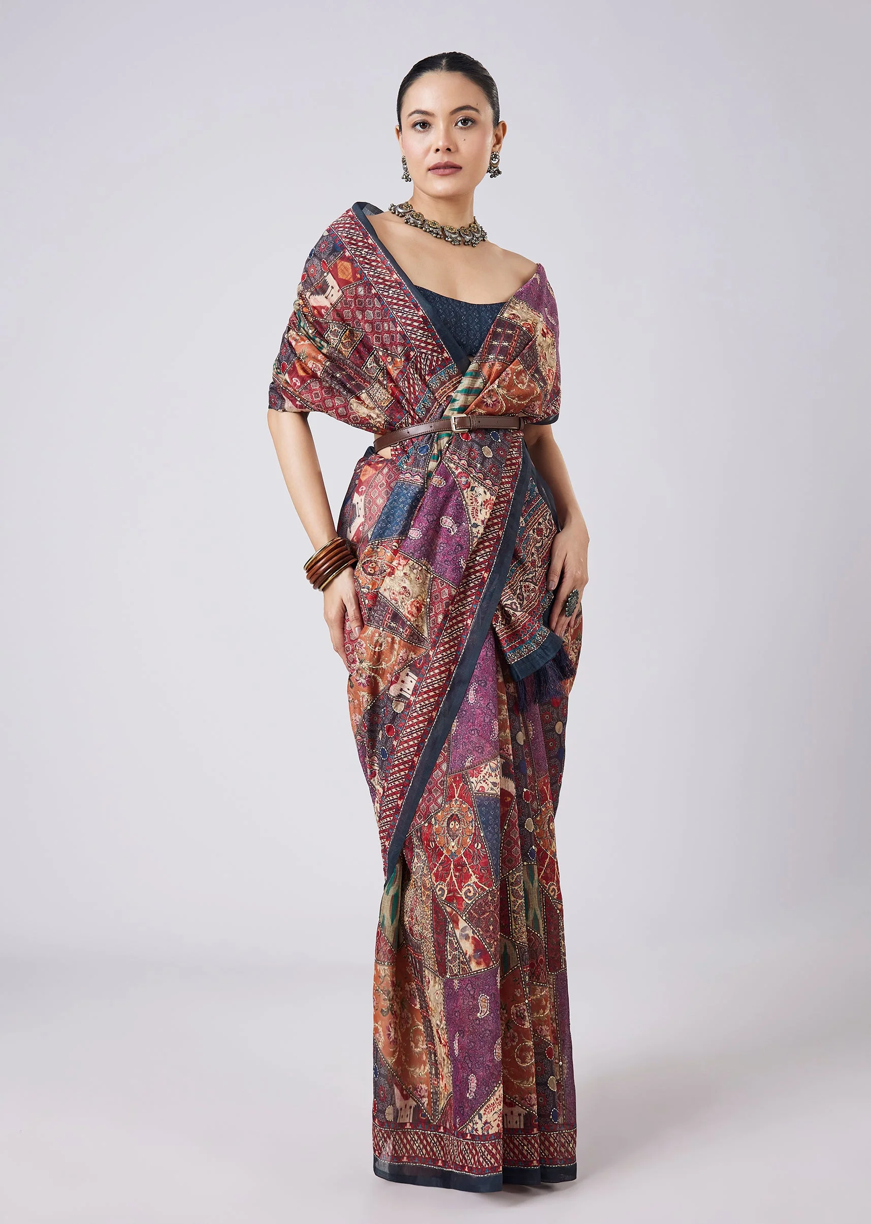 Blue Block Printed Motif Saree with Unstitched Blouse
