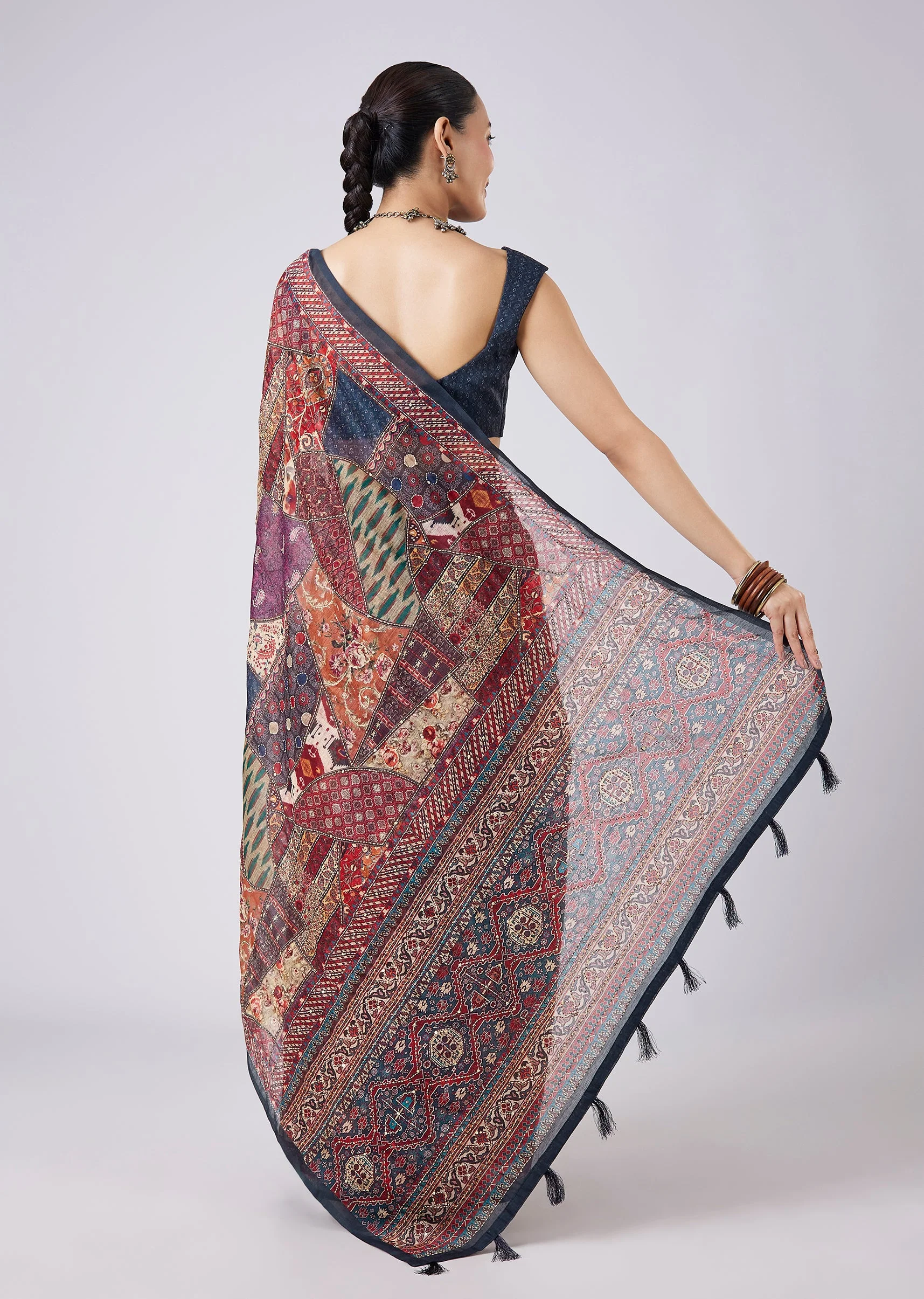 Blue Block Printed Motif Saree with Unstitched Blouse