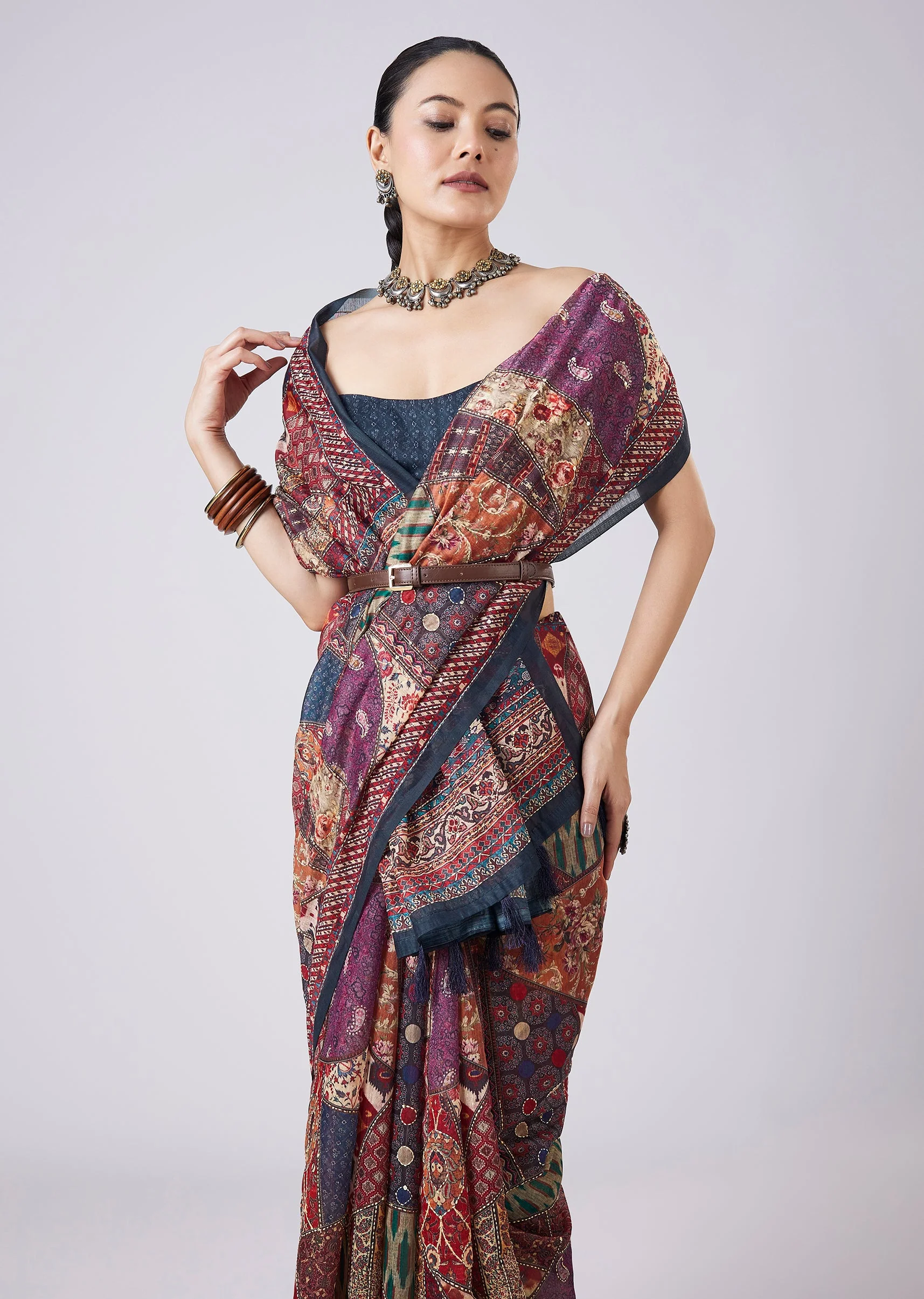 Blue Block Printed Motif Saree with Unstitched Blouse