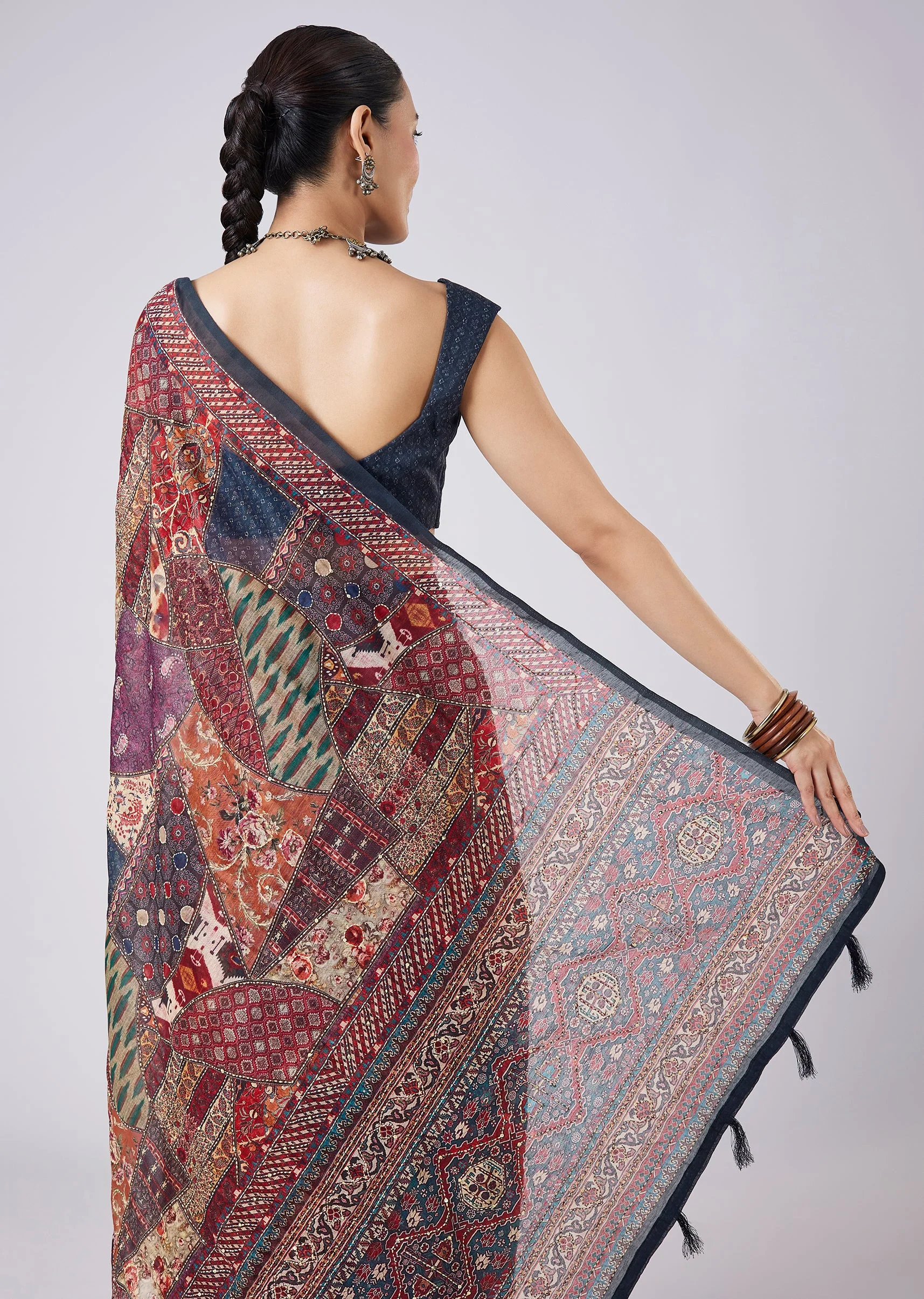 Blue Block Printed Motif Saree with Unstitched Blouse