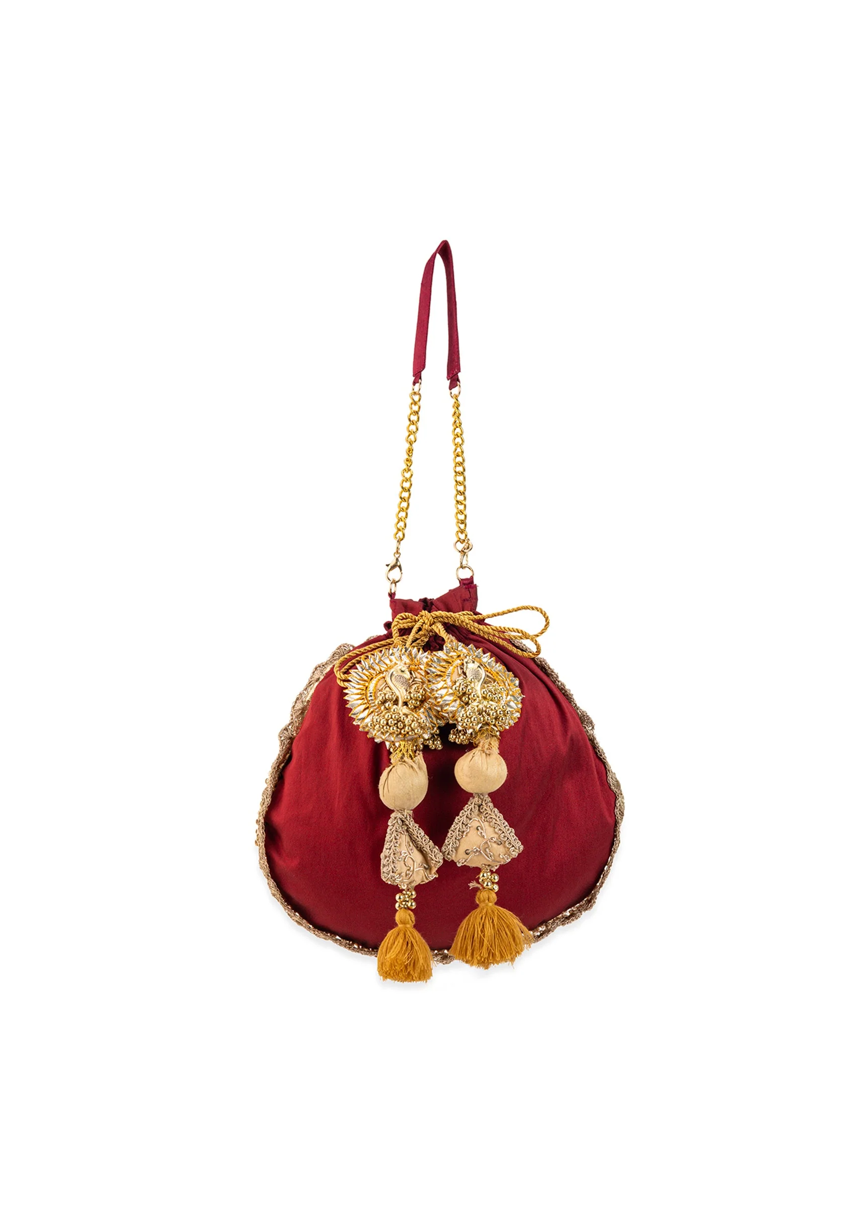 Maroon and Gold Silk Peacock Motif Embroidered Potli Bag