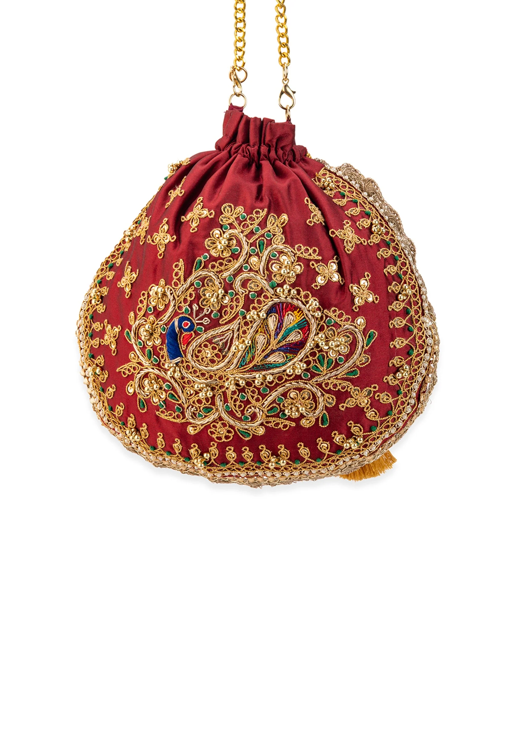 Maroon and Gold Silk Peacock Motif Embroidered Potli Bag