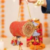 Red Brocade Floral Motif Bag with Tassel