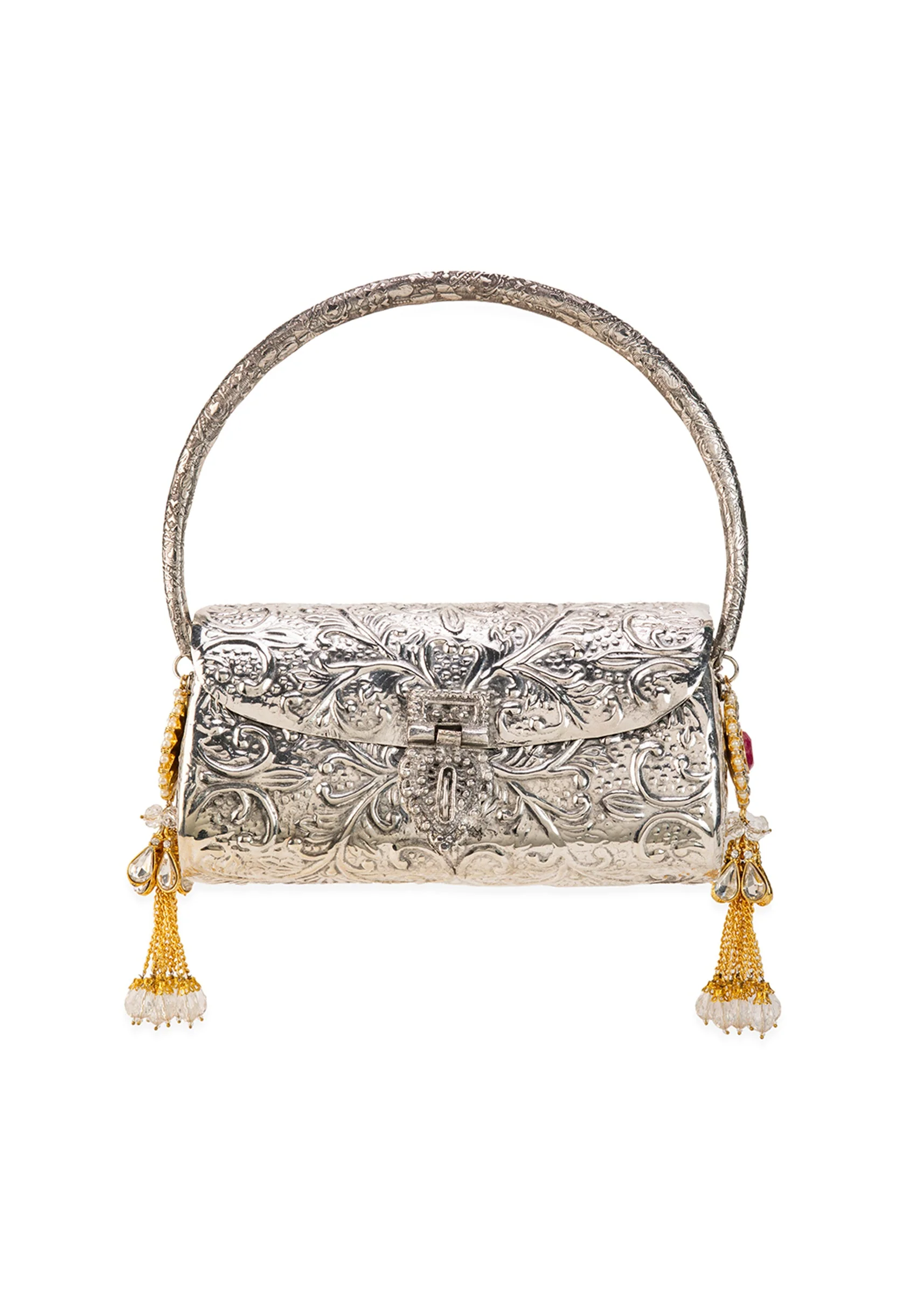 Silver Floral Embossed Textured Metal Bag