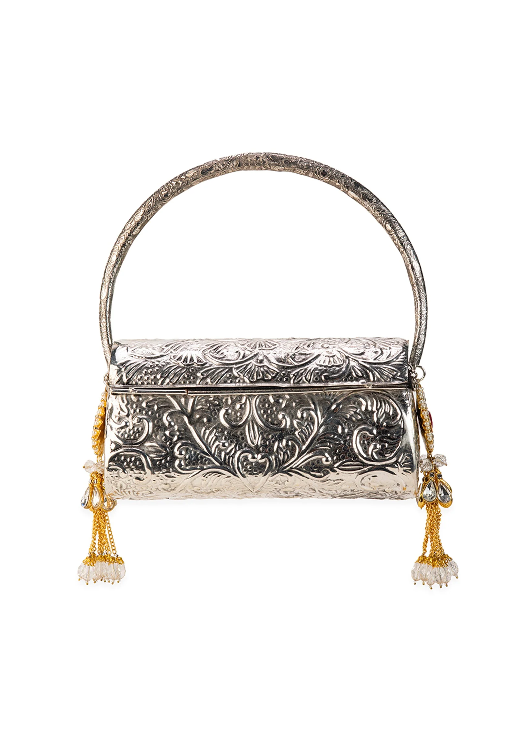 Silver Floral Embossed Textured Metal Bag