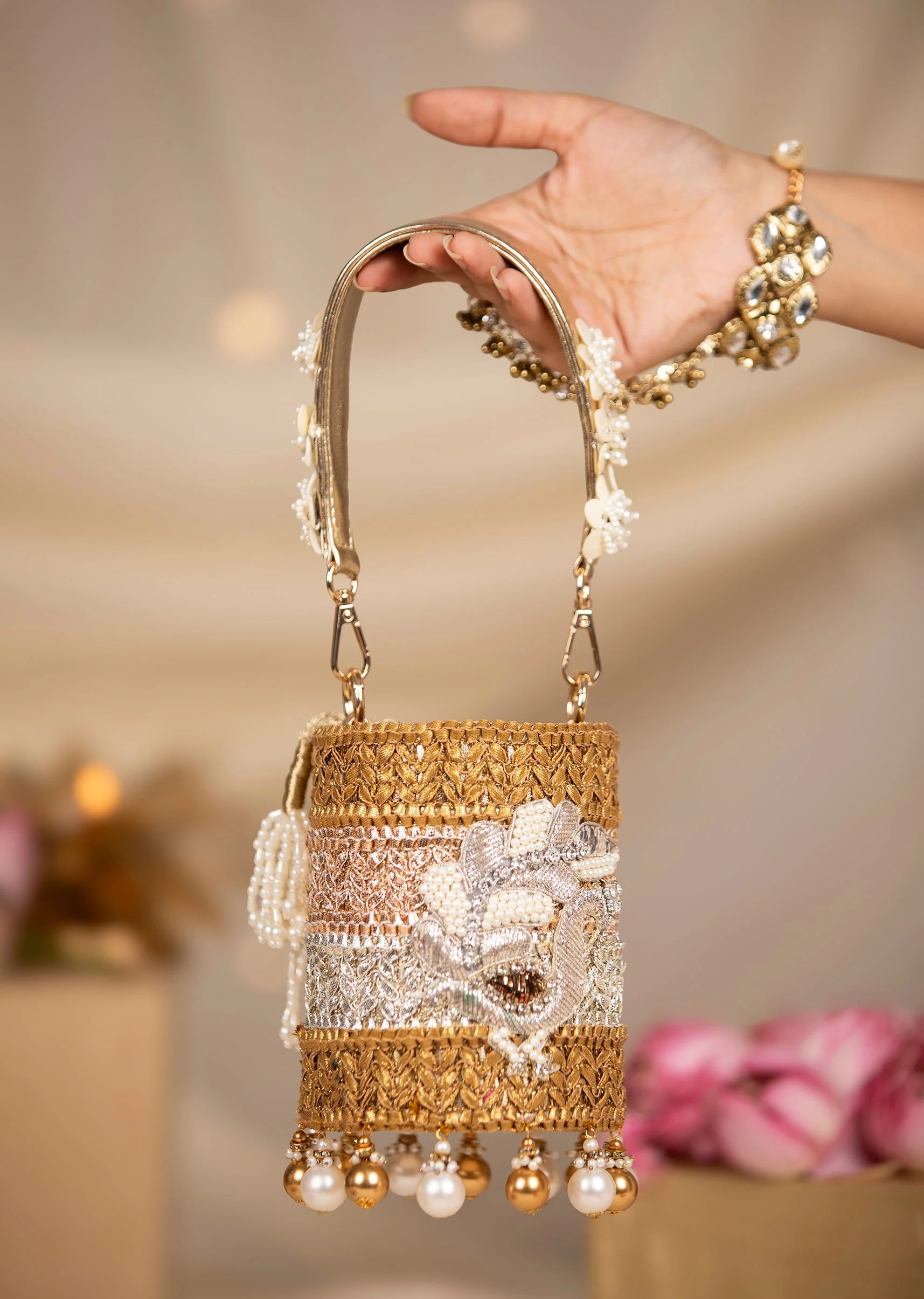 Gold Multi Bead Drop Hand Embroidered Potli Bucket Bag