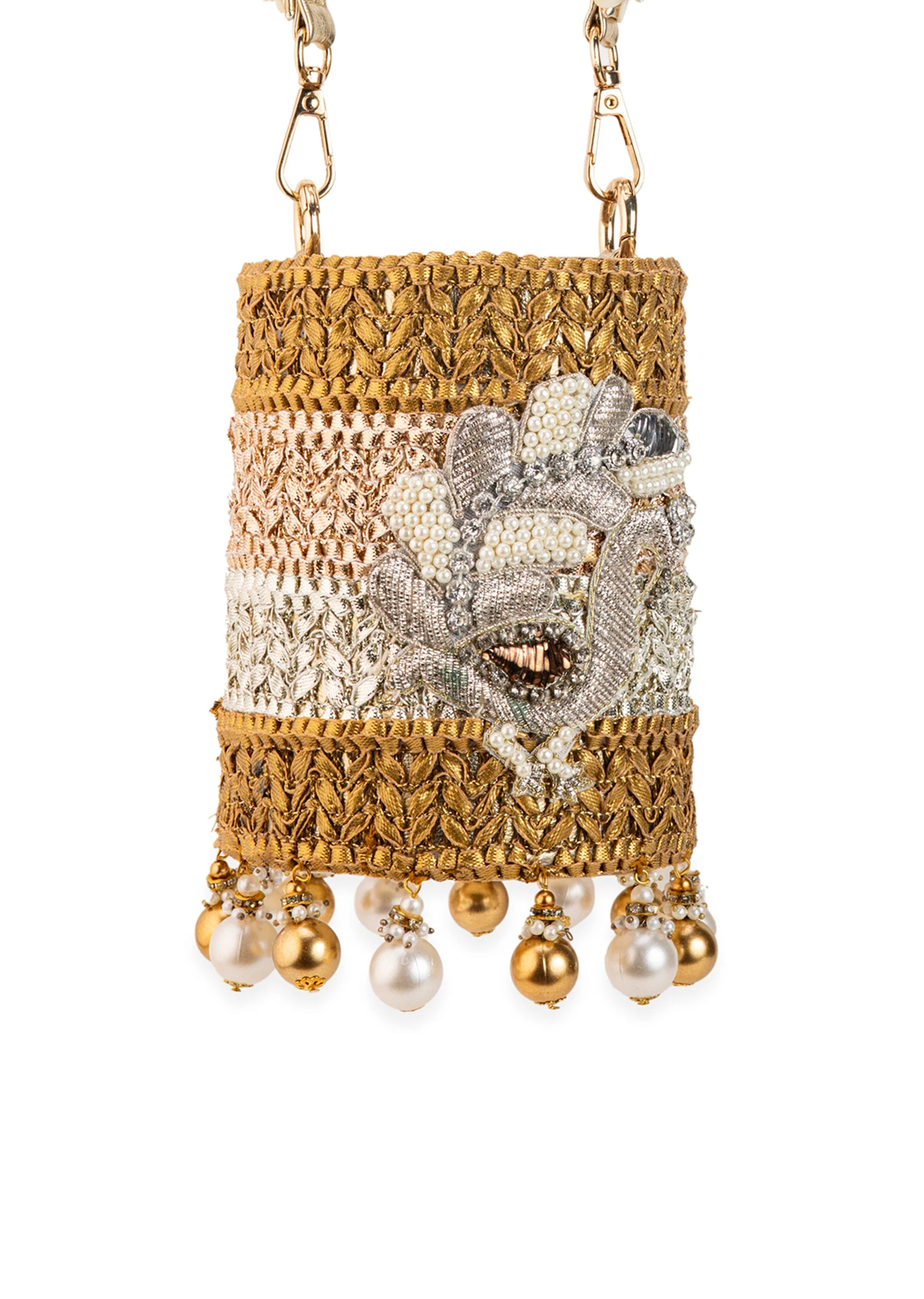 Gold Multi Bead Drop Hand Embroidered Potli Bucket Bag